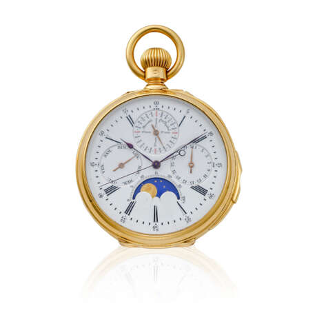 LOUIS AUDEMARS, MADE FOR BREGUET, PINK GOLD PERPETUAL CALENDAR QUARTER REPEATING INDEPENDENT CENTRE SECONDS POCKET WATCH WITH MOON PHASES, NO. 3701 - Foto 1