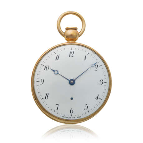 BREGUET, YELLOW GOLD MINUTE REPEATING GRANDE ET PETITE SONNERIE STRIKING OPENFACE POCKET WATCH WITH FOUR GONGS, LATERAL LEVER ESCAPEMENT, TRIPLE TRAIN WITH INDEPENDENT TRAINS FOR THE GOING, STRIKING AND CHIMING, SECRET PORTRAIT COMPARTMENT, NO. 2166 - photo 1