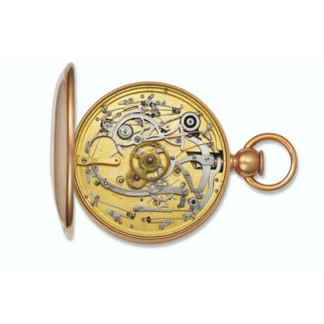 BREGUET, YELLOW GOLD MINUTE REPEATING GRANDE ET PETITE SONNERIE STRIKING OPENFACE POCKET WATCH WITH FOUR GONGS, LATERAL LEVER ESCAPEMENT, TRIPLE TRAIN WITH INDEPENDENT TRAINS FOR THE GOING, STRIKING AND CHIMING, SECRET PORTRAIT COMPARTMENT, NO. 2166 - photo 3