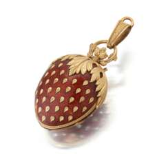 SWISS, YELLOW GOLD AND ENAMEL STRAWBERRY SHAPED NECKLACE WATCH
