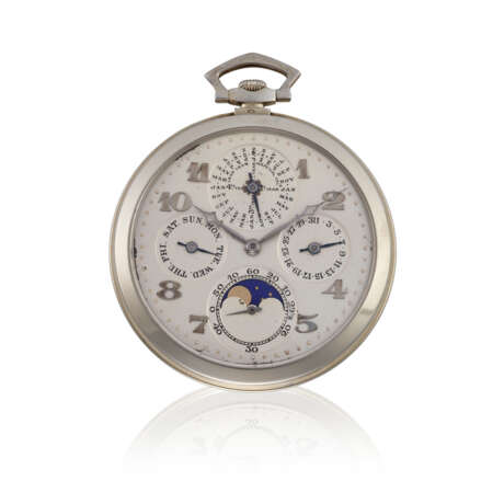 AUDEMARS PIGUET & CO, WHITE GOLD PERPETUAL CALENDAR OPENFACE POCKET WATCH - фото 1