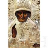Ikone Heiliger Nikolaus der Wundertäter mit silbernem Oklad, Russland, datiert 1867 - photo 2