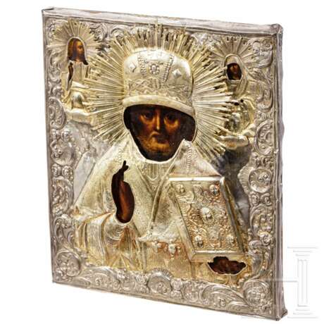 Ikone Heiliger Nikolaus der Wundertäter mit silbernem Oklad, Russland, datiert 1867 - photo 3