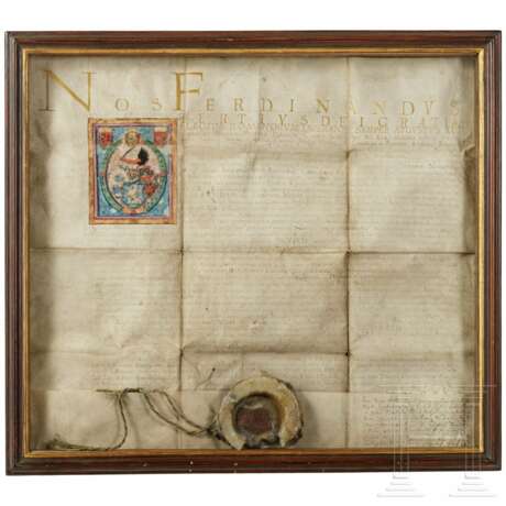 Große gesiegelte Urkunde Ferdinands III. mit farbig gemaltem Wappen, datiert 1652 - photo 1