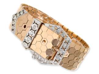 Armband: ungewöhnliches, aufwändig gefertigtes Goldarmband in Form eines Gürtels mit Brillantbesatz, 18K Gold