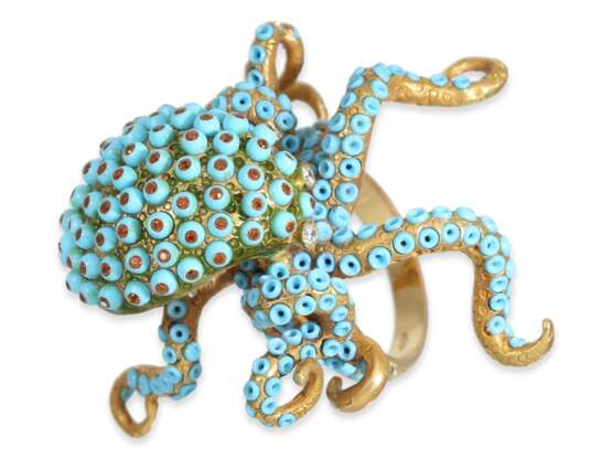 Ring: außergewöhnlicher und vermutlich einzigartiger Goldschmiedering mit Türkis- und Farbsteinbesatz, Motiv "Oktopus" - photo 6