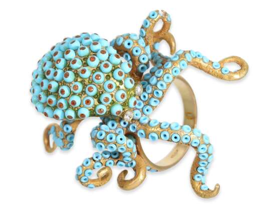 Ring: außergewöhnlicher und vermutlich einzigartiger Goldschmiedering mit Türkis- und Farbsteinbesatz, Motiv "Oktopus" - photo 9