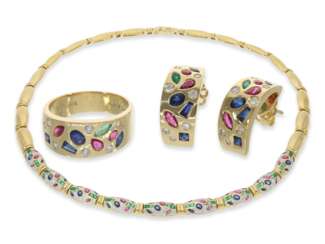 Kette/Collier/Ohrschmuck/Ring: hochwertiges und dekoratives multicolor Schmuck-Set aus 18K Gold mit Farbsteinen und Brillanten