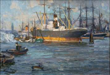 Paul Emil Gabel (Elbing 1875 - Hamburg 1938). Schiffe im Hamburger Hafen.