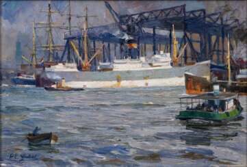 Paul Emil Gabel (Elbing 1875 - Hamburg 1938). Vor der Werft im Hamburger Hafen.