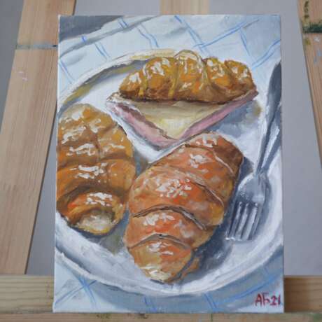 Gemälde „Croissants“, Leinwand auf Karton, Öl, Impressionismus, Stillleben, Russland, 2021 - Foto 1