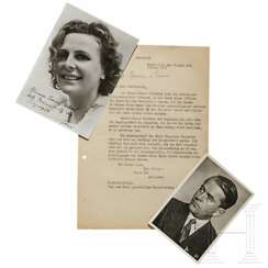 Albert Speer - Portraitpostkarte mit Signatur und Foto von Leni Riefenstahl mit Widmung zur Erinnerung an Olympia sowie Schreiben von Speer an Riefenstahl, 1944