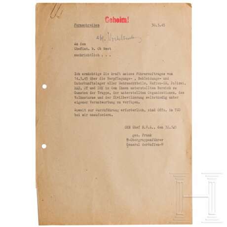 Albert Speer - Ausweis für ein Versuchsfahrzeug Nr. 42, Schreiben an den Gauleiter von Schlesien Karl Hanke sowie Fernschreiben vom SS-Obergruppenführer Frank, 1945 - photo 5