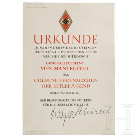 General der Panzertruppen Hasso von Manteuffel - Urkunde zum Goldenen Ehrenzeichen der Hitlerjugend - photo 1