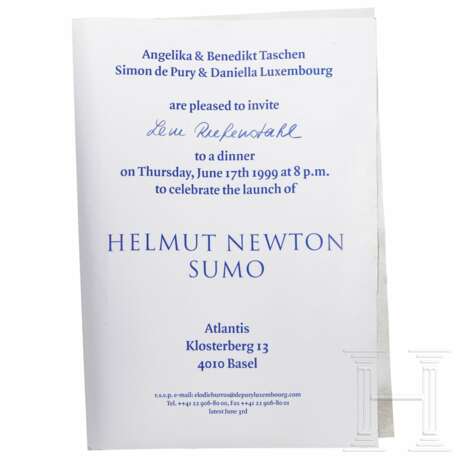 Leni Riefenstahl - Einladungskarte zum Dinner in Basel zur Präsentation "SUMO" von Helmut Newton und zwei große Jahres-Kalender - Foto 6