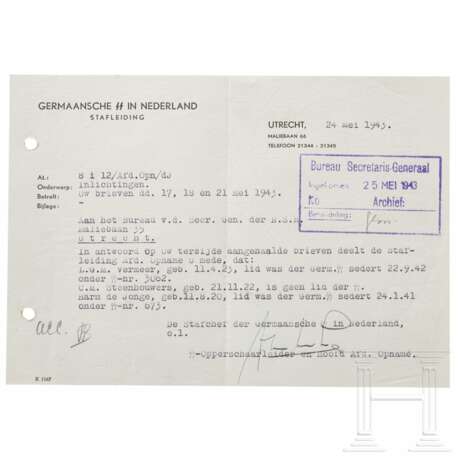 Opperschaarleider C. A. v. d. Nieuwenhuizen - signierter Brief an das Büro des Generalsekretärs des NSB, 1943 - Foto 1