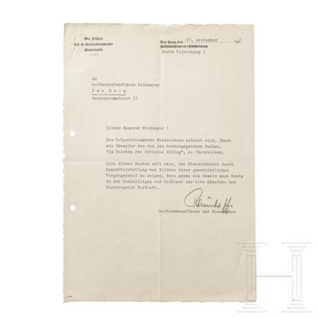 SS-Sturmbannführer Gerhard Rouenhoff - signiertes Übersendungsschreiben für das Buch "Im Zeichen der Division Wiking" an SS-Standartenführer Henk Feldmeijer, 1943 - Foto 1