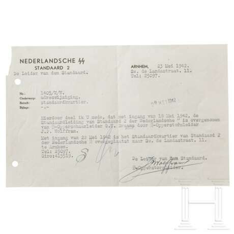 Opperstormleider J. P. Wolffram - signiertes Schreiben über die Übernahme der Führung der "Staandard 2", 1942 - Foto 1
