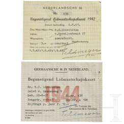 "Begunstigend Lidmaatschapskaart" - zwei Ausweise für die "Nederlandsche SS", 1942, bzw. die "Germaansche SS in Nederland" für W. C. Linschoten