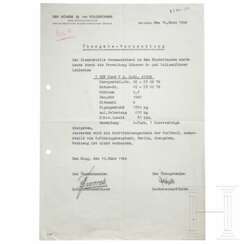 "Übergabe-Verhandlung" für die leihweise Überlassung eines "PKW Ford V8, SS-Nr. 41009" an die "Dienststelle Germanische-SS" vom 16.3.1944