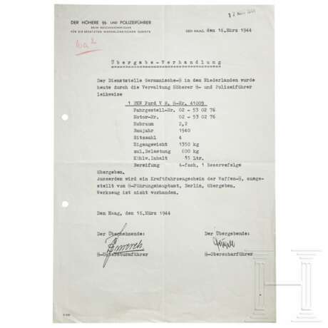 "Übergabe-Verhandlung" für die leihweise Überlassung eines "PKW Ford V8, SS-Nr. 41009" an die "Dienststelle Germanische-SS" vom 16.3.1944 - Foto 1