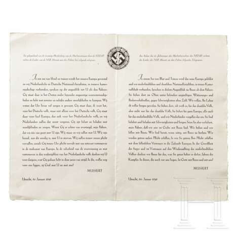 Anton Mussert - Propaganda-Druckwerk mit dem Inhalt seines Telegramms an Hitler zum 10. Jahrestag "der Machtübernahme der NSDAP" am 30. Januar 1943 - Foto 1