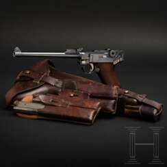 Lange Pistole 08 DWM 1915, mit Tasche, Brett, vier nummerngleichen Magazinen