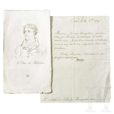 Duc de Richelieu A. E. Plessis, russischer Staatsmann und Gründer der Stadt Odessa - eigenhändiger Brief mit Unterschrift, datiert 1815 - photo 1