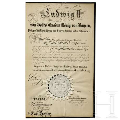 Karl Theodor von Sauer, Flügeladjutant von König Ludwig II. - Patent zum Hauptmann, datiert 1864 - Foto 1