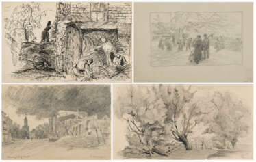 Konvolut aus vier Zeichnungen: "Grötzingen" (Ernte), "Königsbach" (Kinderreigen), "Baumreihe am Zaun" und "Marienburg"