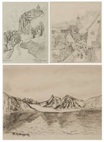 Konvolut aus drei Zeichnungen: "Schloss Werenwag", "Harburg in Schwaben" und "Spitzbergen" - Foto 1