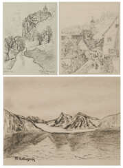 Konvolut aus drei Zeichnungen: "Schloss Werenwag", "Harburg in Schwaben" und "Spitzbergen"