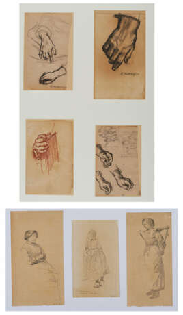 Group of several figure sketches: Four study sheets regarding hands and fingers; three study sheets with girls in garb ("Volendam") - фото 1