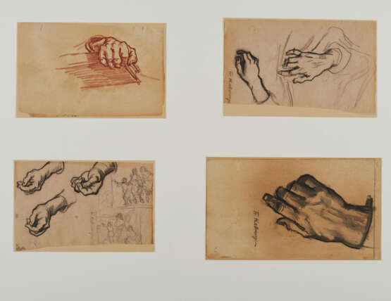 Group of several figure sketches: Four study sheets regarding hands and fingers; three study sheets with girls in garb ("Volendam") - фото 3