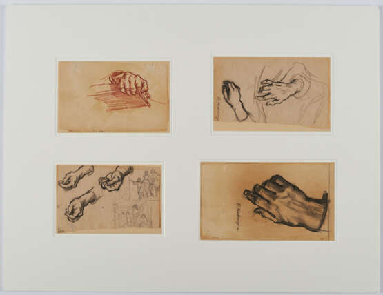 Group of several figure sketches: Four study sheets regarding hands and fingers; three study sheets with girls in garb ("Volendam") - фото 4