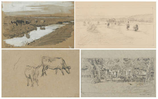 Konvolut aus vier Zeichnungen: "Grötzingen", "Kuhstudie", "Kühe unter Bäumen" und "Holländische Landschaft mit Kühen (Volendam)" - photo 1