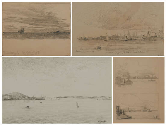 Konvolut aus vier Zeichnungen: "Seenlandschaft", "Rotterdam", 2 Skizzen des Hamburger Hafens, "Zweimaster" - фото 1