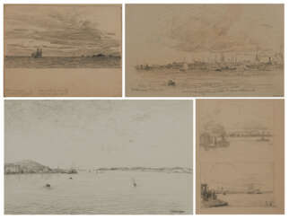 Konvolut aus vier Zeichnungen: "Seenlandschaft", "Rotterdam", 2 Skizzen des Hamburger Hafens, "Zweimaster"