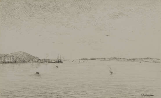 Konvolut aus vier Zeichnungen: "Seenlandschaft", "Rotterdam", 2 Skizzen des Hamburger Hafens, "Zweimaster" - Foto 2