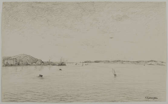 Konvolut aus vier Zeichnungen: "Seenlandschaft", "Rotterdam", 2 Skizzen des Hamburger Hafens, "Zweimaster" - photo 3