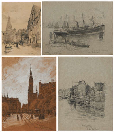 Group of four drawings: "Englischer Kohledampfer"; "Danzig - An der Mottlau"; "Häuserreihe mit Kirche"; "Danzig - Langemarkt und Rathaus" - фото 4