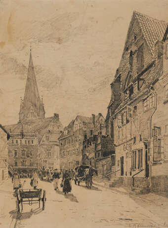 Group of four drawings: "Englischer Kohledampfer"; "Danzig - An der Mottlau"; "Häuserreihe mit Kirche"; "Danzig - Langemarkt und Rathaus" - Foto 10