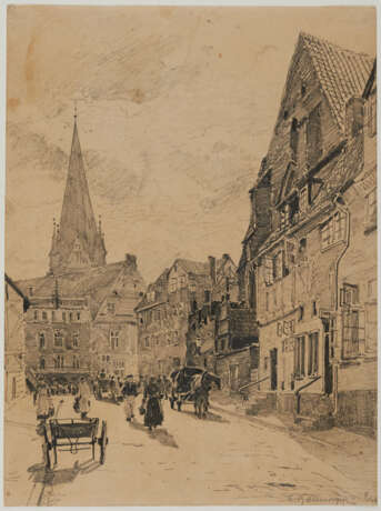 Group of four drawings: "Englischer Kohledampfer"; "Danzig - An der Mottlau"; "Häuserreihe mit Kirche"; "Danzig - Langemarkt und Rathaus" - photo 1
