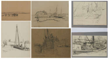 Group of 5 drawings: "Teufelsbrücke"; "Segelboot Anleger"; "Bei Neufahrwasser"; Group of two sketches: "Segelboote"; "Neuhaus an der Oste"