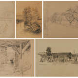 Group of 5 pencil drawings: "Angeketteter Hund"; "Strohernte"; "Papendrocht"; "Grötzingen" and "Grötzingen - Durlach" - фото 1