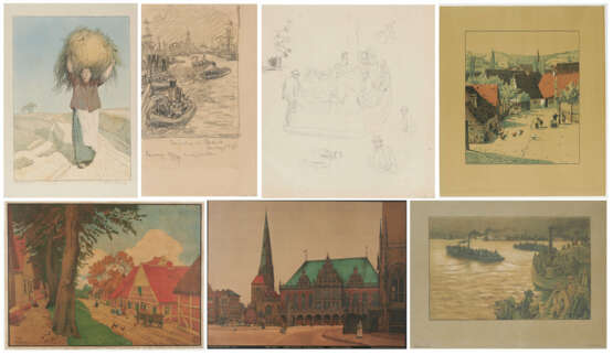 Mixed lot of five lithographs and two drawings - фото 1