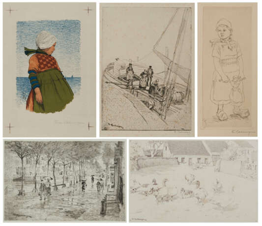 Konvolut aus fünf Druckgrafiken: "Holländisches Fischermädchen", "Hafenarbeiter", "Amsterdamer Straße bei Regen", "Gänse auf dem Bauernhof" und "Volendamer Fischerkind mit Puppe" - photo 1