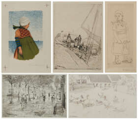 Konvolut aus fünf Druckgrafiken: "Holländisches Fischermädchen", "Hafenarbeiter", "Amsterdamer Straße bei Regen", "Gänse auf dem Bauernhof" und "Volendamer Fischerkind mit Puppe"