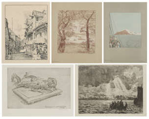 Konvolut aus 5 Druckgrafiken: "Die Elbe bei Altona", "Spitzbergen", "Mausi zeichnet in Großvaters Atelier", "Sonnenglanz" und Straßenansicht