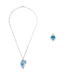 AQUAMARINE AND DIAMOND PENDENT NECKLACE AND RING SET